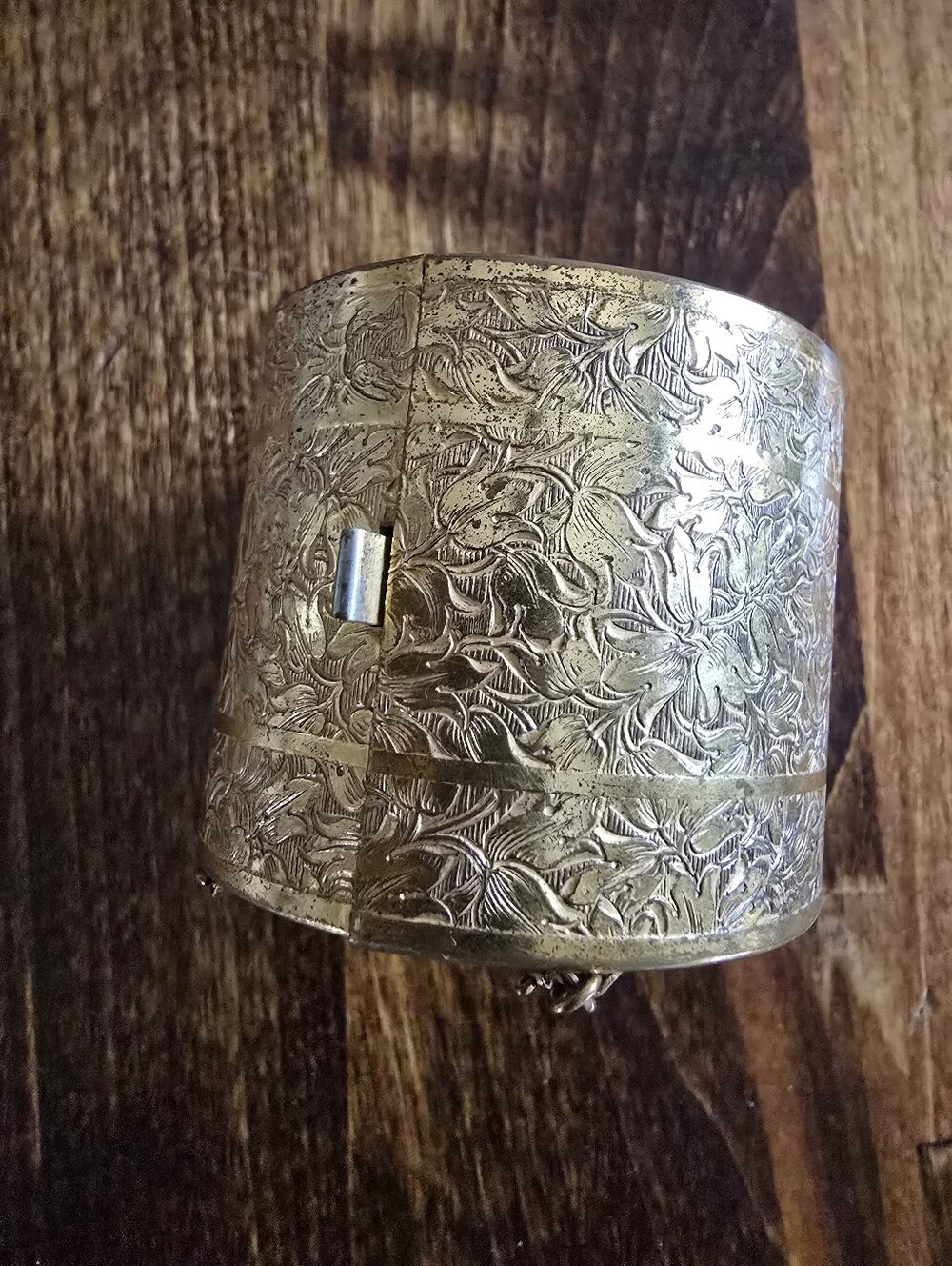 Antique Miriam Haskell Gold-Tone Wide Floral Engraved Cuff Bracelet - Picture 2 of 6